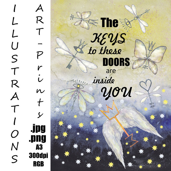 watercolor-art-print-with-illustrations-affirmations-keys-stars-wings-bright-thoughts-art-sky