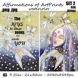 SET 2 Art Prints. Illustrations. Watercolor affirmations. Balance and Insights A4 png jpg