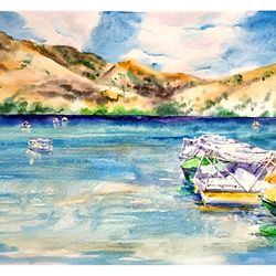 Italian Hills Painting Original Art Landscape Watercolor Seascape Artwork