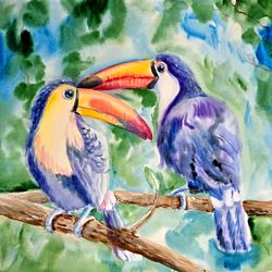 Toucan Painting Original Art Bird Watercolor Couple Artwork