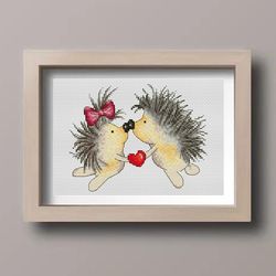 Hedgehogs cross stitch pattern PDF, hedgehogs in love, Valentine's day, animals cross stitch, funny cross stitch