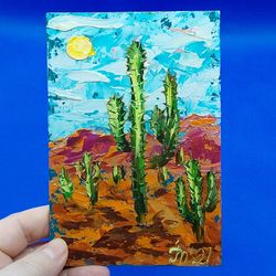 Mountain Landscape Cactuses Mini Painting Summer Landscape Nature Small Painting Nature National Park Original Artwork
