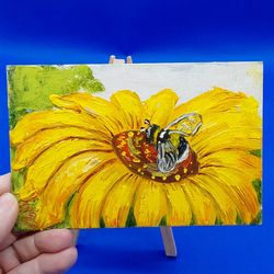 Sunflowers and Bee Painting Bumblebee Art Summer Flowers Painting Yellow Flowers Small Picture Original Artwork