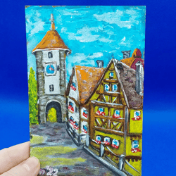 Cityscape street of European city mini painting clock tower art house with flowers painting original artwork