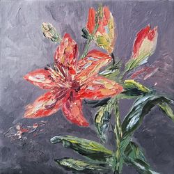 red lily oil painting, flowers oil original painting, still life features