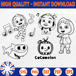 bundle 5 files cocomelon black and white svg, coco melon svg, cocomelon bundle cocomelon birthday watermelon birthday,