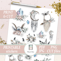 PRINTABLE STICKERS, Boho Floral Planner Stickers, Watercolor Flower Decals, Dreamcatcher and Crystal Die cut