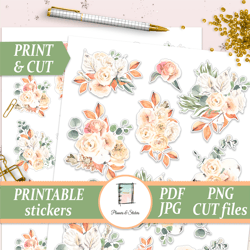 watercolor autumn bouquet stickers, roses printables, scrapbook embellishment, penpal supplies, erin condren journaling