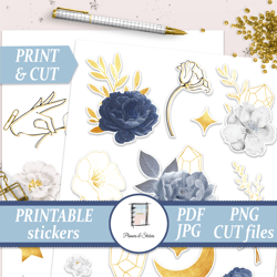 Printable floral planner stickers Blue rose sticker for planner White flowers decals Die cut stickers Happy planner