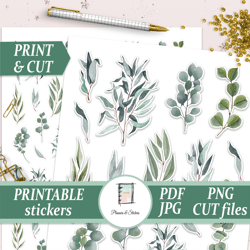 watercolor eucalyptus stickers, greenery printables die cut for summer planner, bullet journals, pen pal, diy craft kit