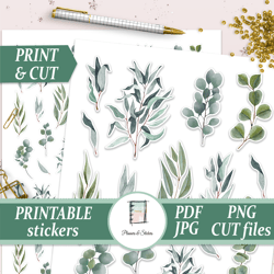 Watercolor Eucalyptus Stickers, Greenery Printables Die Cut for Summer Planner, Bullet Journals, Pen Pal, DIY Craft Kit