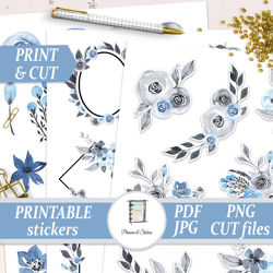 Printable floral stickers pack Watercolor flower frames Peony stickers for planner Die cut stickers Cricut Cut file