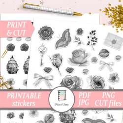 Black and White Journal Stickers Printables, Monochrome Planner Sticker Pack, Scrapbooking Digital Kits, Floral Decals