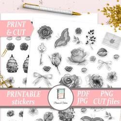 black and white journal stickers printables, monochrome planner sticker pack, scrapbooking digital kits, floral decals