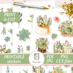 Succulent Sticker Kit with Cutlines, Watercolor Plants Die Cut, Pastel Botanical Decals, Garden Journal CACTUS Planner