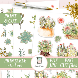 succulent sticker kit with cutlines, watercolor plants die cut, pastel botanical decals, garden journal cactus planner