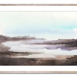 Sunset Lake Art Neutral Watercolor Painting Minimalist Landscape Fine Art Print Field River Wall Decor Beige Brown Art