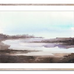 sunset lake art neutral watercolor painting minimalist landscape fine art print field river wall decor beige brown art