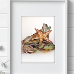 Driftwood and starfish Watercolor Wall Decor 8"x10" art painting by Anne Gorywine