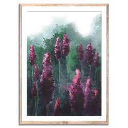 lavender art print floral watercolor painting wildflowers poster flower wall art green and purple abstract flowers art