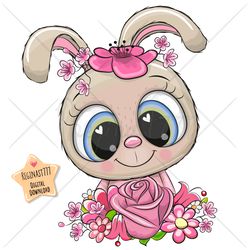 Cute Cartoon Rabbit PNG, clipart, Sublimation Design, Children printable, Flowers, art