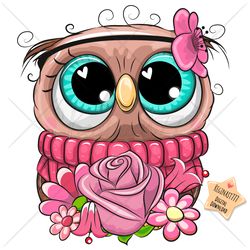 cute cartoon owl png, clipart, sublimation design, flowers, print, clip art