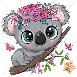 Cute Cartoon Koala PNG, clipart, Sublimation Design, Children printable, Flowers, art