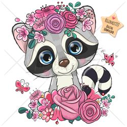 cute cartoon raccoon png, clipart, sublimation design, children printable, flowers, art