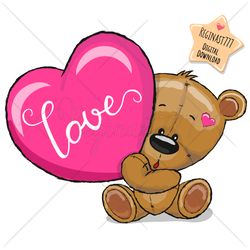 Cute Cartoon Teddy Bear PNG, clipart, Sublimation Design, Children printable, Heart, art