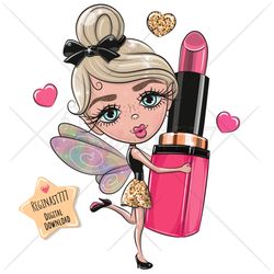 cute cartoon fairy png, clipart, sublimation design, girl, children printable, heart, lipstick, art