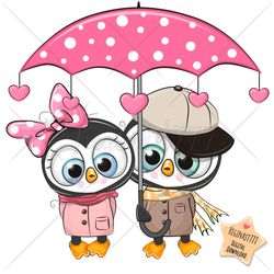 cute cartoon penguins boy and girl png, clipart, sublimation design, umbrella, heart, love, print, clip art, cap