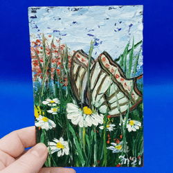 Butterfly Mini Painting Daisies Art Animal World Small Painting Flowers Art Summer Landscape Wall Art Original Artwork