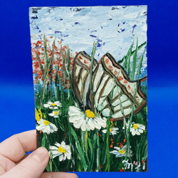 butterfly mini painting daisies art animal world small painting flowers art summer landscape wall art original artwork