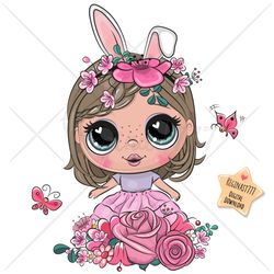Cute Cartoon Girl PNG, clipart, Sublimation Design, Children printable, Flowers, art