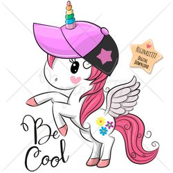 cute cartoon unicorn png, clipart, sublimation design, children printable, pink, cap, art
