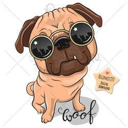 Cute Cartoon Pug Dog PNG, clipart, Sublimation Design, Children printable, Glasses, Cool, art