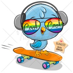 Cute Cartoon Bird PNG, clipart, Sublimation Design, skateboard, Children printable, Glasses, Cool, art