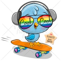 cute cartoon bird png, clipart, sublimation design, skateboard, children printable, glasses, cool, art