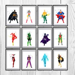 Comic DC Superheroes Set Art Print Digital Files decor nursery room watercolor