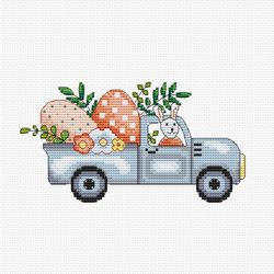 Happy Easter PDF cross stitch pattern - Easter Bunny in a truck counted cross stitch - Easter eggs embroidery pdf