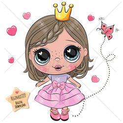 Cute Cartoon Princess PNG, clipart, Sublimation Design, Adorable, Print, clip art, Hearts, Pink