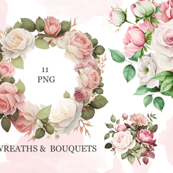 Watercolor flower Pink and White roses floral garden Bouquets, Wreaths PNG Clipart, wedding digital