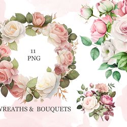 watercolor flower pink and white roses floral garden bouquets, wreaths png clipart, wedding digital