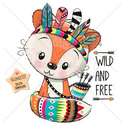 Cute Cartoon Fox PNG clipart, Wild, Tribal, Sublimation Design, Digital clip art