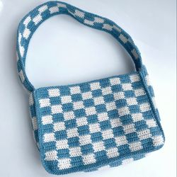 Checkered Crochet Summer Bag, Checkered Bucket Crochet Bag, Summer Bag Tote, Handbag, Handmade Vintage Bag