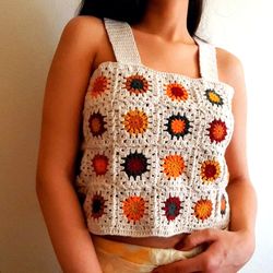 crochet patchwork crop top, rainbow square crochet crop top, blue square top, crochet granny square top,