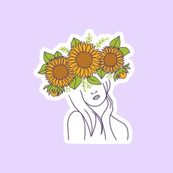 sunflower crown girl sticker, laptop macbook sticker, scrapbook sticker, cool stickers, aesthetic stickers