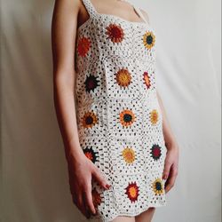 Crochet Patchwork Crop Dress, Rainbow Square Crochet Dress, Blue square Dress, Crochet Granny Square Dress,