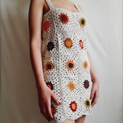 crochet patchwork crop dress, rainbow square crochet dress, blue square dress, crochet granny square dress,