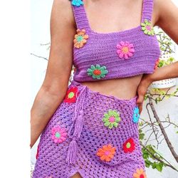 purple daisy crochet set, floral crochet crop cami top and split skirt, crochet daisy set, sunflower set